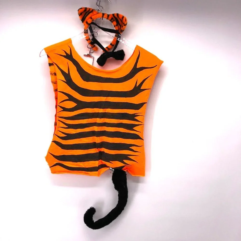 4 Piece Tiger Cat Costume Hand Painted & Cut Tee, Tail, Ears & Necktie Halloween